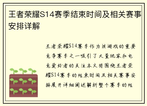 王者荣耀S14赛季结束时间及相关赛事安排详解